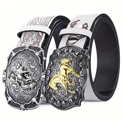 American Western Denim Vintage Carved Buckle Belt Men And Women Animal Pattern Belt Men'S Personality Ethnic Style