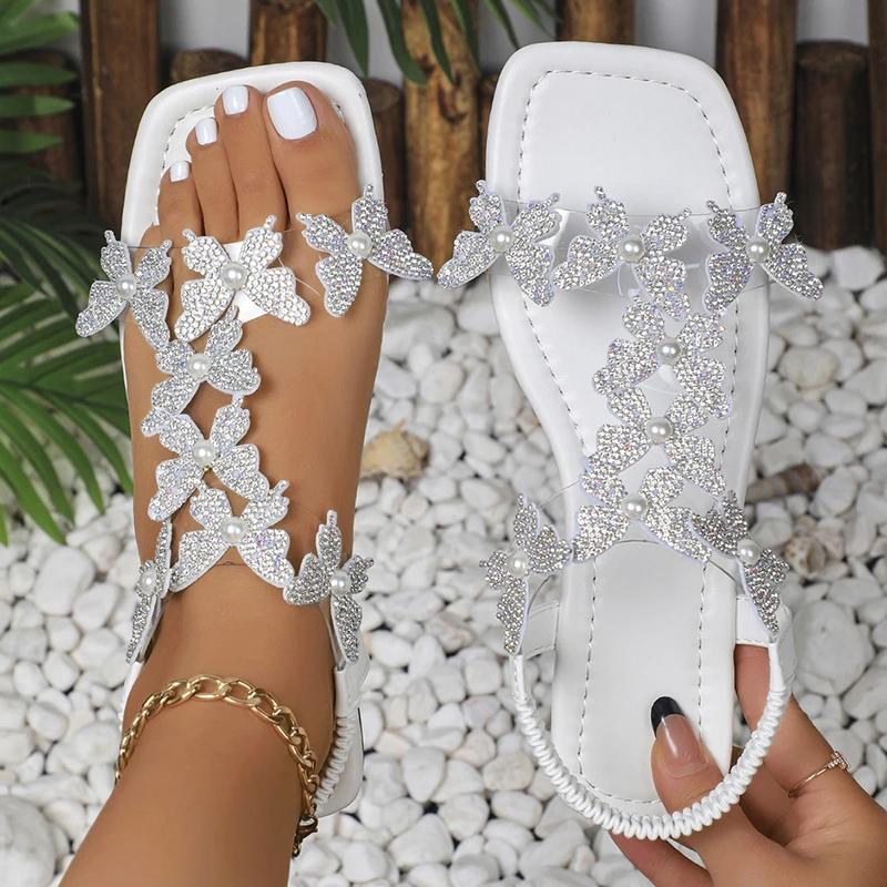 Fashion Shiny Rhinestone Butterfly Flat Sandals for Women Summer 2025 Comfort Non Slip Beach Shoes Woman Square Toe White Dress Sandals