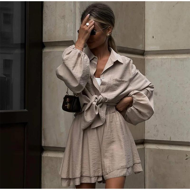 

2024 Summer Women s Long-sleeved Tops Ruffled Shorts Casual Fashion Suits S хакі