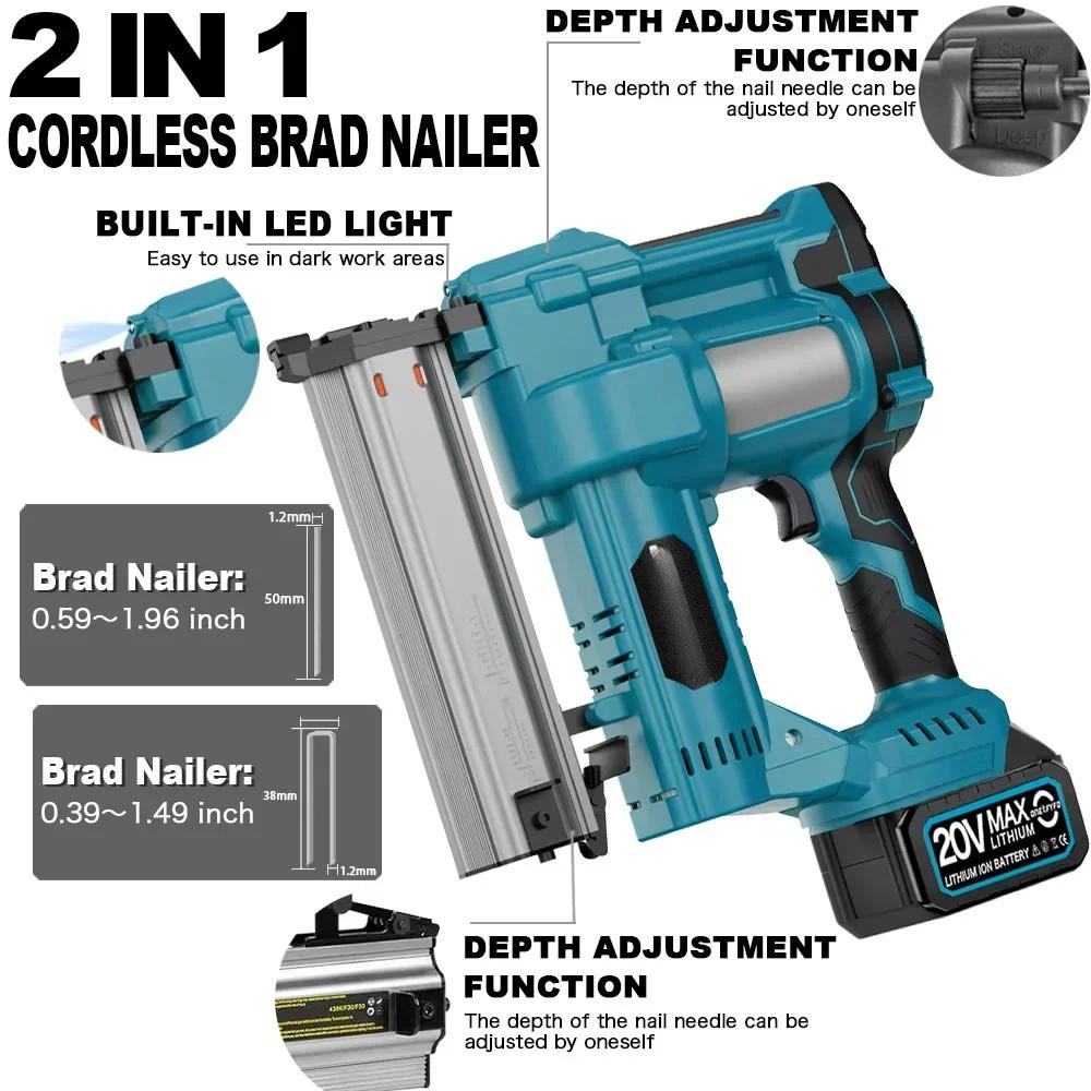 Brushless 2 in 1 Electric Nail Gun Cordless Portable Frame Nailer Tacker Furniture Staple Woodworking Power Tools