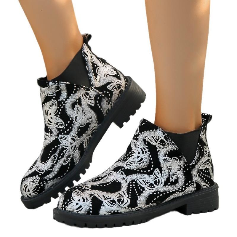 Large Size Short Boots Women's Autumn and Winter New Fashion Butterfly Print Round Head Short Sleeve Foot and Ankle Martin Boots