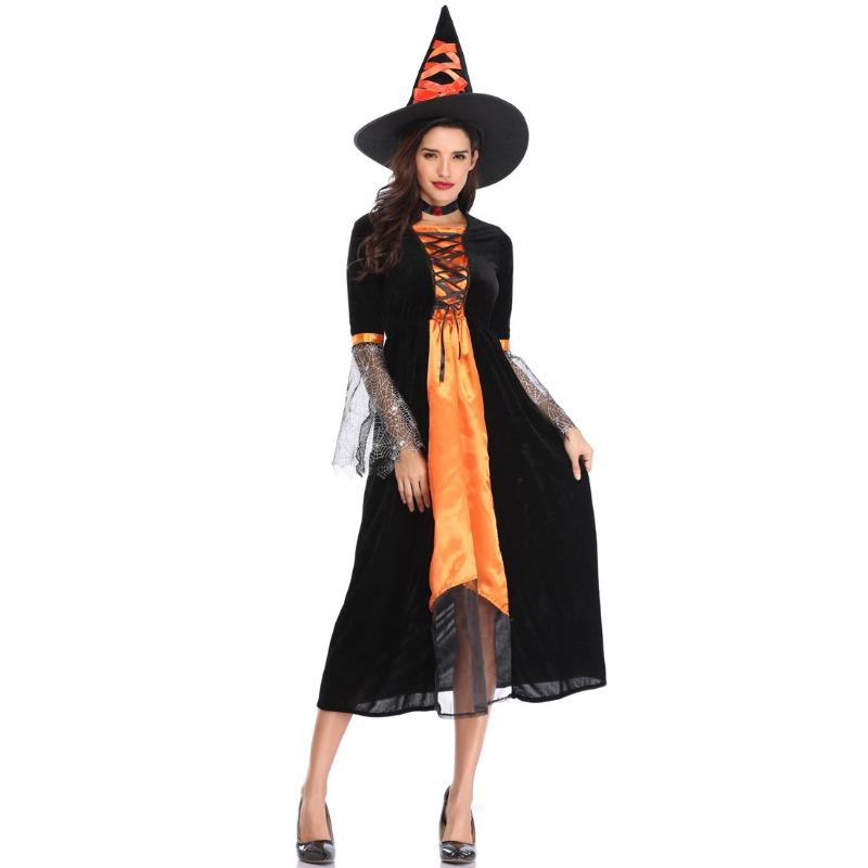 Spider Web Orange Witch Costume, Halloween Costume, Wizard Costume Masquerade Witch Costume