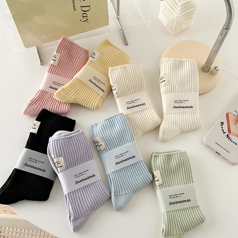 Japanese-Style Cotton Mid-Calf Socks with Waffle Texture and Macaron Fabric Label