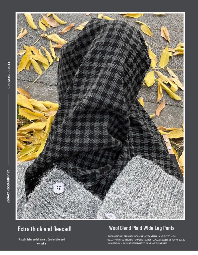 Women's 2025 Winter High-Waisted Gray Flannel Plaid Pants: Japanese Style, Petite Woolen, Straight Wide-Leg.