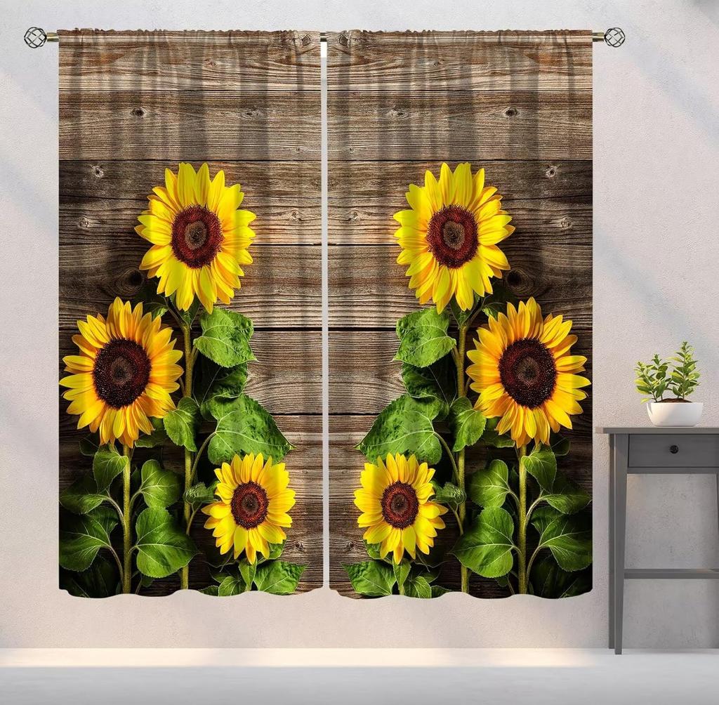 Farmhouse Sunflower Curtains Country Vintage Floral Wooden Board Art Printed Window Drapes Bedroom Kitchen Decor Room Darkening Polyester Master