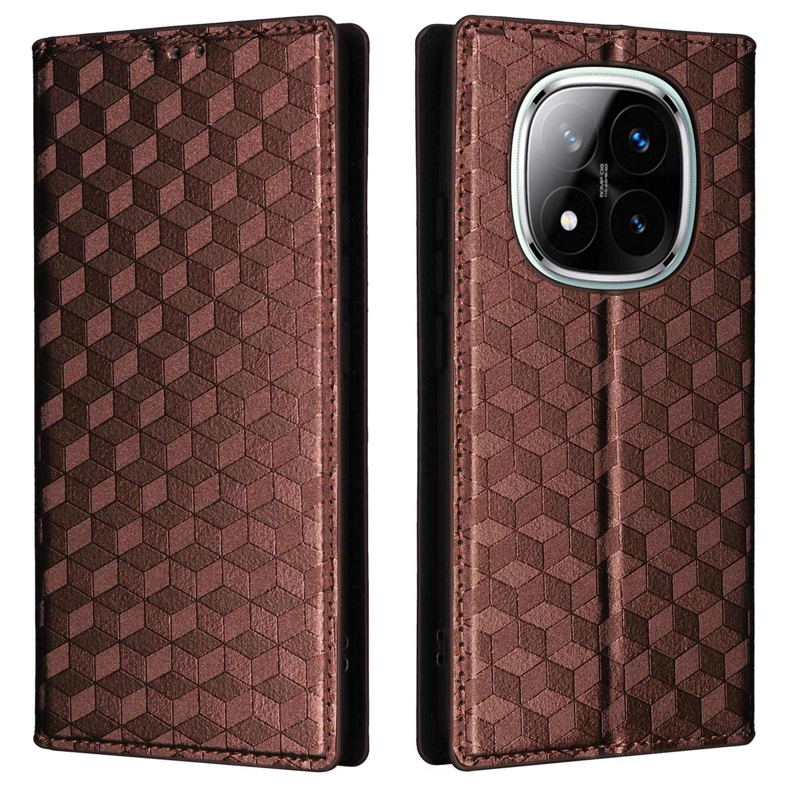

For Xiaomi Redmi Note 14 Pro 4G Wallet Case Rhombus Imprinted Leather Phone Cover Brown