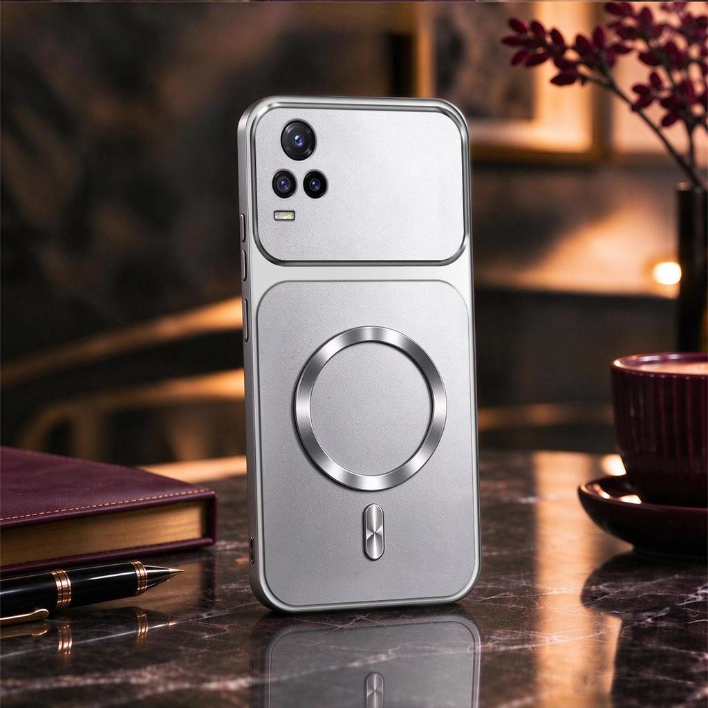 Frosted Metal Finish Phone Case for Vivo V20 Pro Full Lens Big Window Magnetic Ring Car Mount Slim Cover