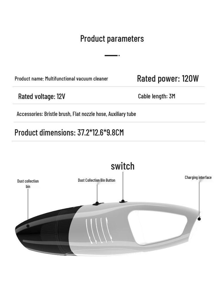 Wireless Car and Home Wet/Dry Vacuum Cleaner, High-Power, Cigarette Lighter-Compatible