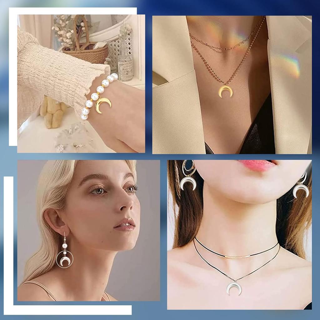 Beebeecraft 12Pcs 2 Colors 18K Gold Plated Moon Charm Silver and Gold Double Horn Dangle Charms with Plastic Box for DIY Necklace Earrings Bracelet