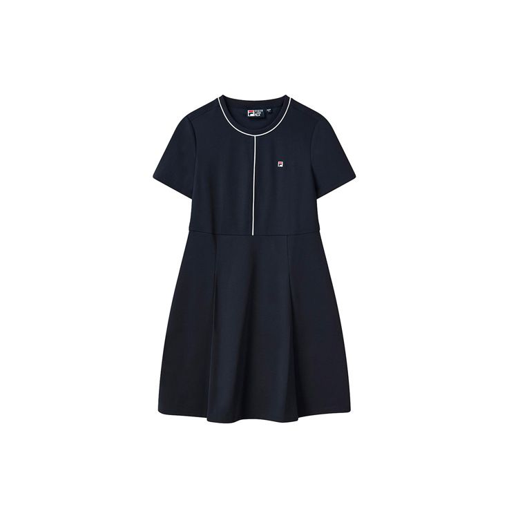 Fila Logo Solid Color Loose Fashion Casual Sports Pullover Round Neck Short Sleeve Dress Women Dresses Legendary-Blue F11W028304GNV