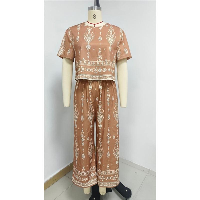 Dames Bohemian Bedrukt Tweedeel Outfit Korte Mouw Crop Top Wijde Capri Broek Vintage Etnisch Casual Loungewear Set