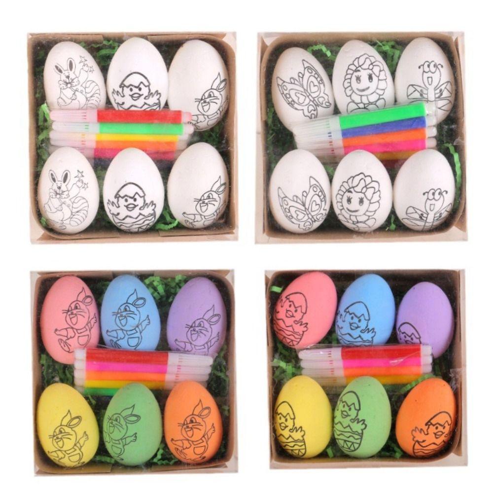 6PCS Coloring Craft Easter DIY Hand-Painted Eggs Foam Easter Eggs  Easter Scene Decoration