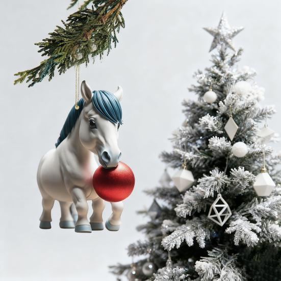 Horse Christmas Ornament Cartoon 2D Flat Horse Hanging Ornament with Santa Hat And Christmas Balls Acrylic Car Rear View Mirror Charm