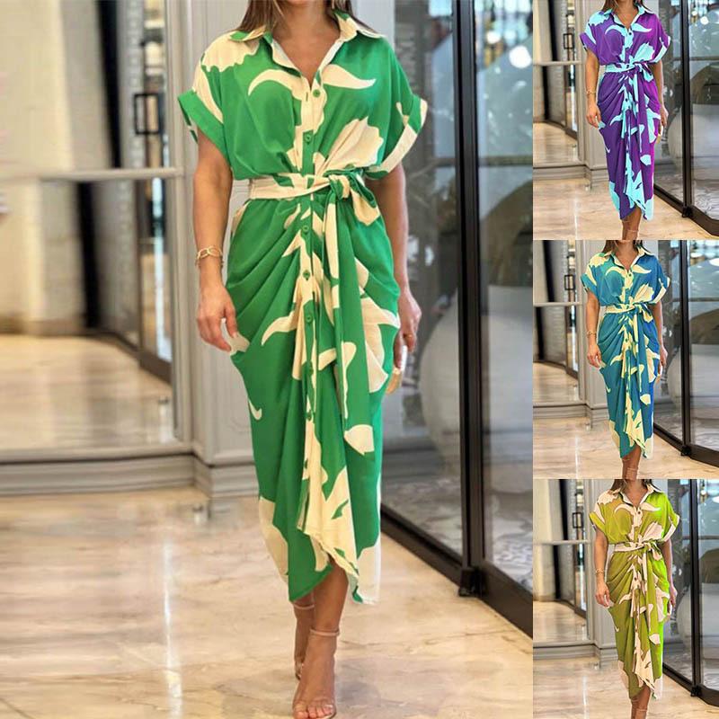 

Women Dress Short Sleeve Single Row Button Tie Up Pleated Long Dresses