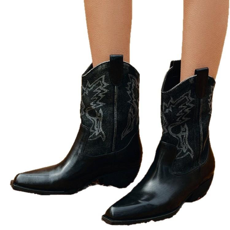 Cowhide Version~ 2025 Genuine Leather Retro V-mouth Small Square Head Western Cowboy Boots Retro Short Boots Embroidered Pointed Middle Boots