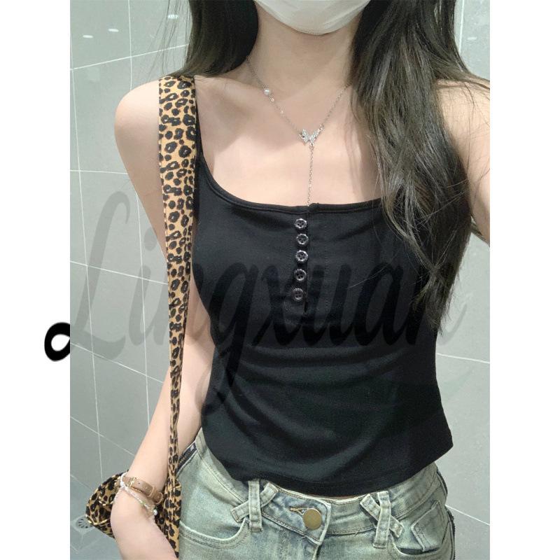Summer Slim Fit Korean Square Neck Button Cotton Camisole Top Medium