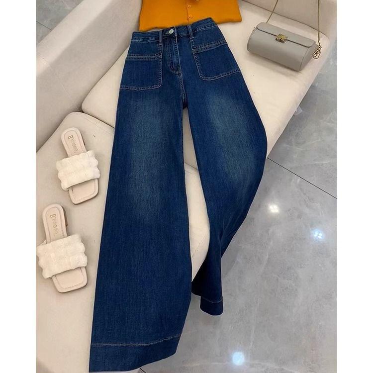 

Женские джинсы с высокой посадкой, прямые, ретро-синие, микро-клеш, на осень 2024 XXL