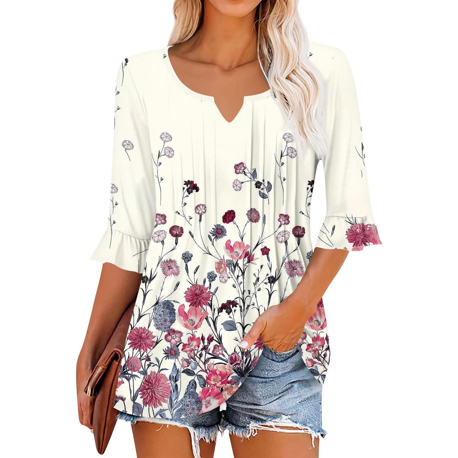 

3/4 рукава топы для женщин повседневные оборки V-образный вырез футболки рабочие блузки нарядные туники топы L бежевый