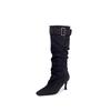 Pointed high-heeled boots for women's summer new pleated suede piled boots, thin thin-heeled fashion boots