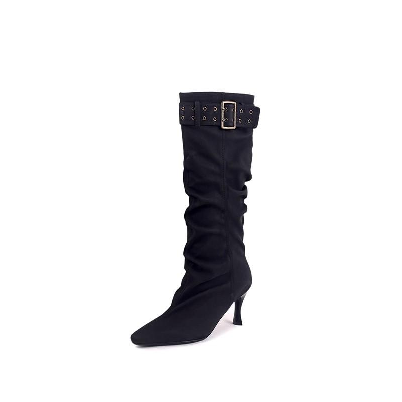 Pointed high-heeled boots for women's summer new pleated suede piled boots, thin thin-heeled fashion boots