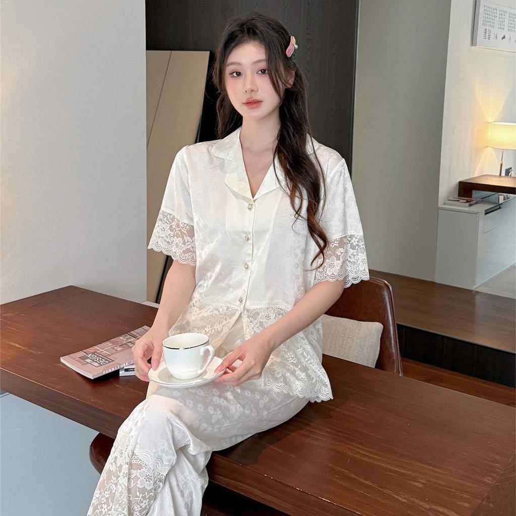 Pajamas women's ice silk summer new sexy lace splicing trousers short-sleeved two-piece set ice and snow silk loungewear set