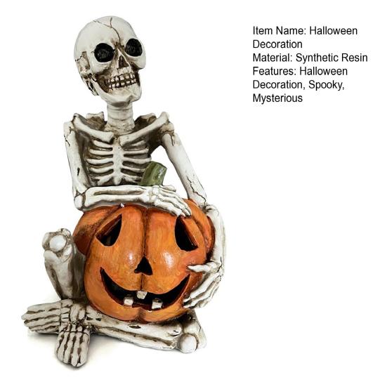 Halloween Skeleton Pumpkin Statue Spooky Pumpkin with Skull/Crow Sculpture Halloween Indoor Resin Ornament for Home Office Desk Decor