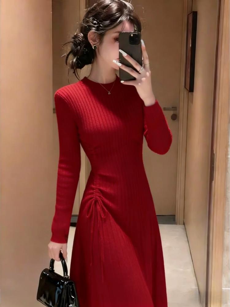 

French Women s Slim Fit Wool Knit Dress - Autumn/Winter Mid-Length Pullover, Over the Knee Skirt, Solid Color XL