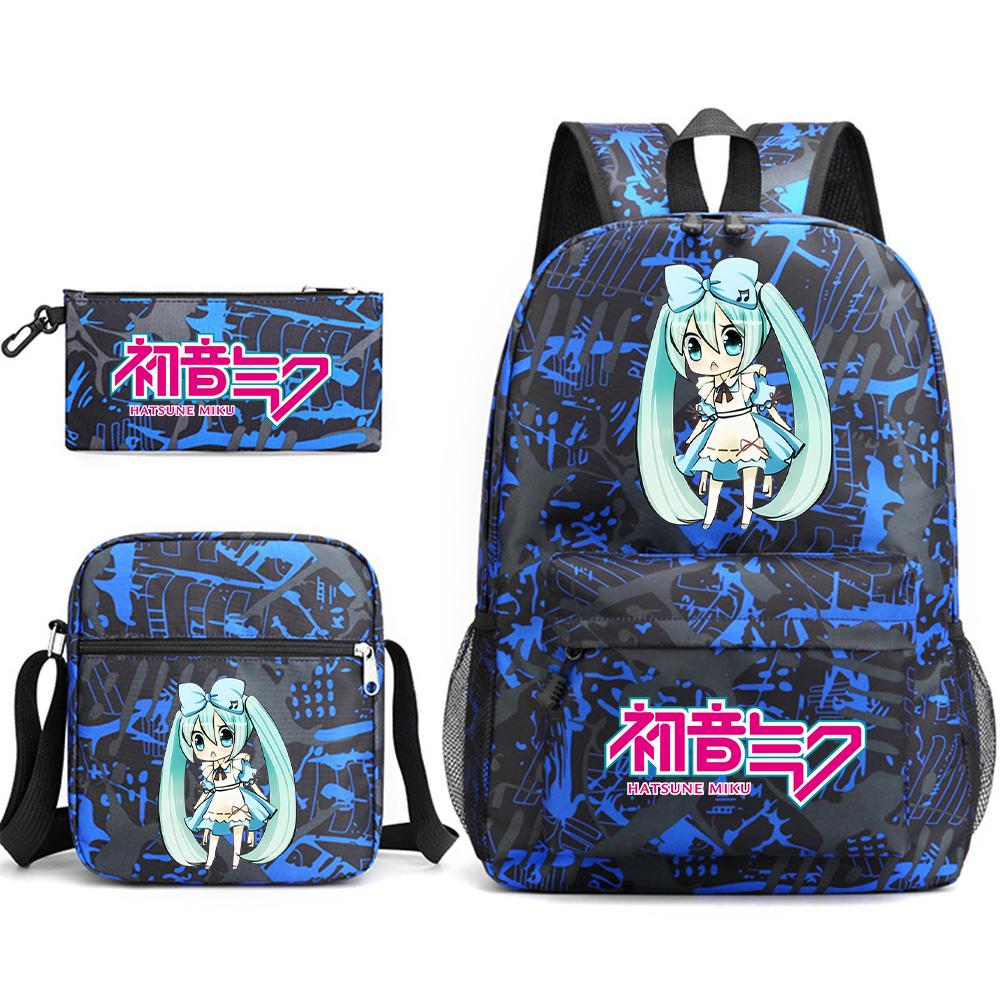 3Pcs/set Anime Cartoon Hatsune Miku Printed Backpack with Shoulder Bag Pencil Case for Teenager Student Boy Girl Large Capacity Waterproof Schoolbag