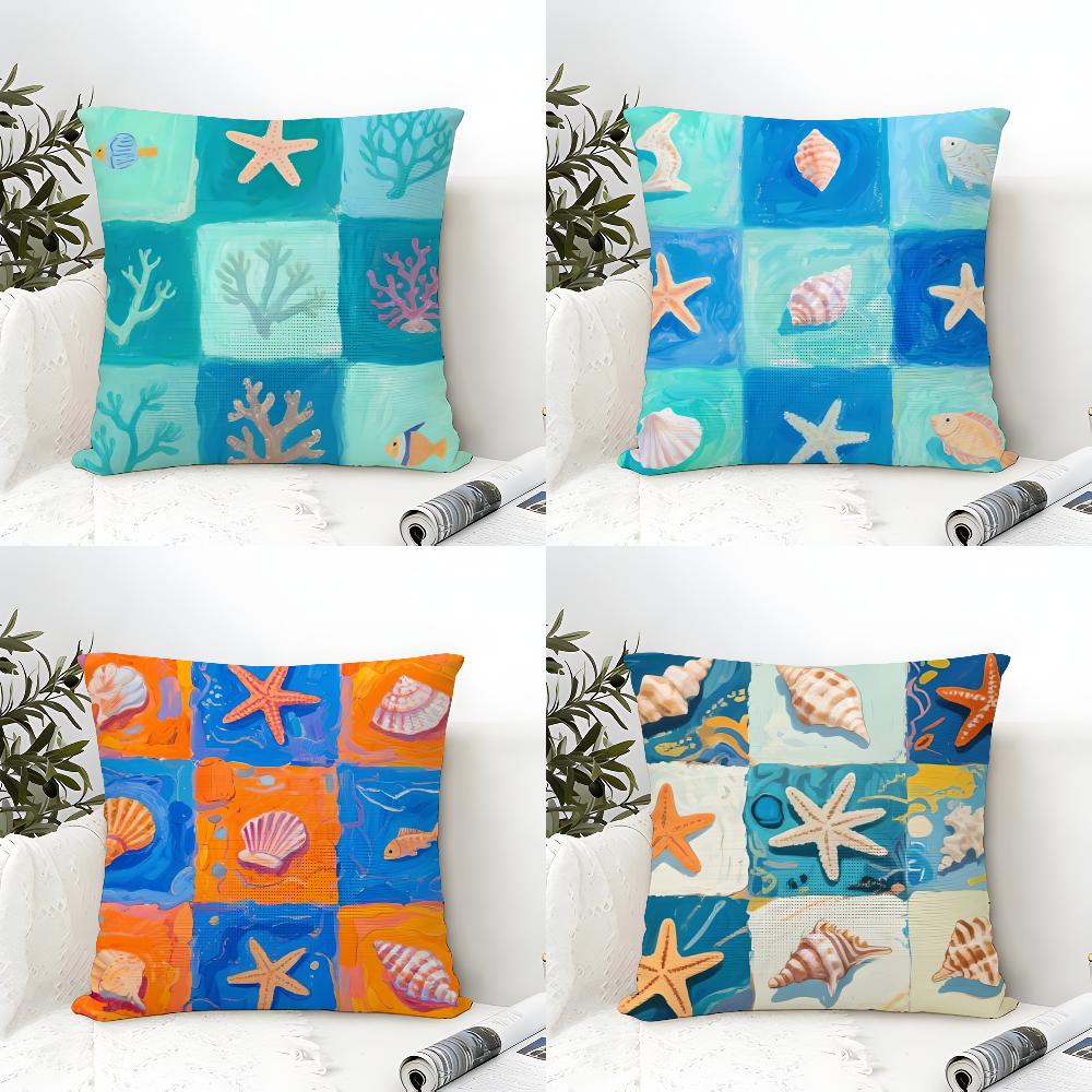 Marine Starfish Marine life Pillow Case Cotton Linen Fabric Square Zipper Pillowcase Home Decorative Living Room