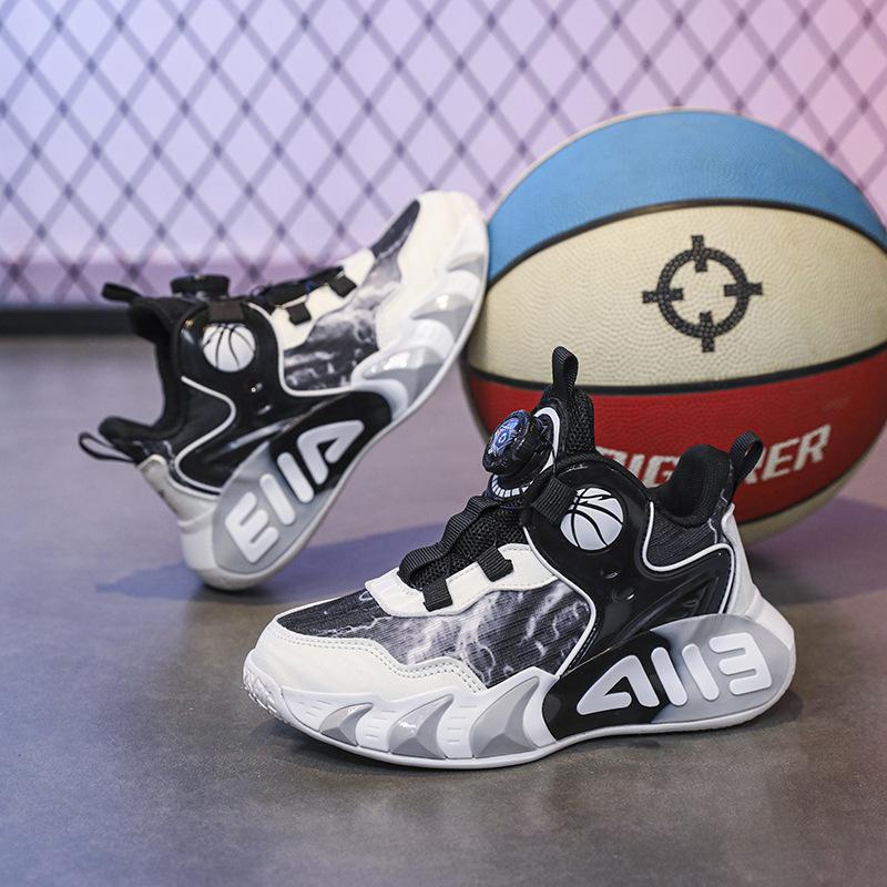 Children's Basketball Shoes Mesh Breathable Men's and Women's Sports Shoes Leather Waterproof Rotating Buckle Free Lace-up Girls Running Shoes