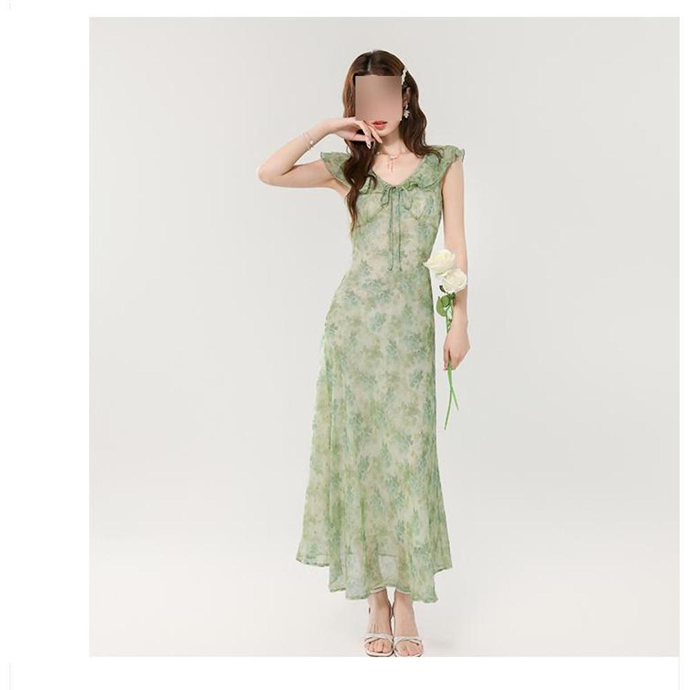 

Зеленое цветочное платье с V-образным вырезом и маленькими рукавами-крылышками, женское летнее пляжное платье для отпуска, романтичное пляжное платье на ветру XL- (recommended 110-60kg)