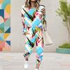 Women Plus Size Patchwork Printed Round Neck Long Sleeve Cuffed Top And Pants With Pockets Two Piece Set