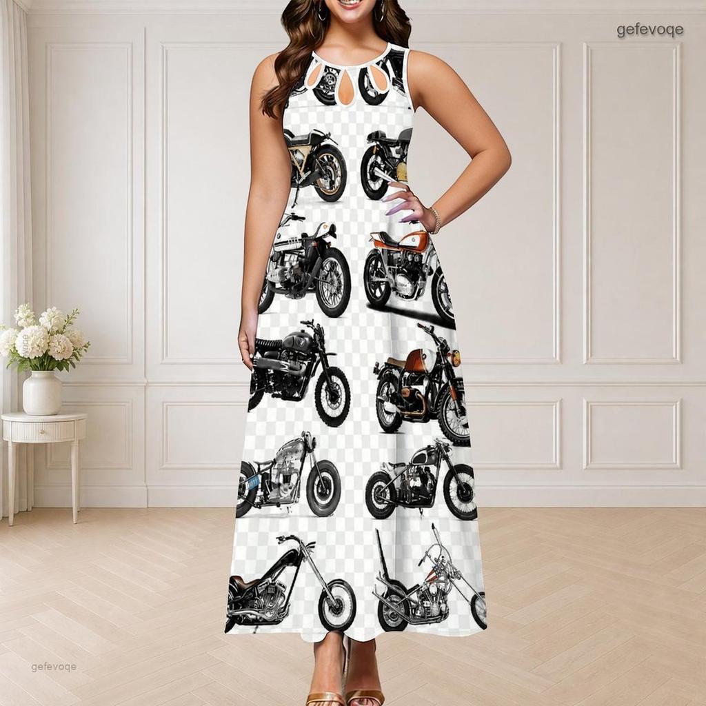 Women Plus Size Sleeveless Round Neck Triple Keyhole Cutout Black Gold Beige Printed Long Dress