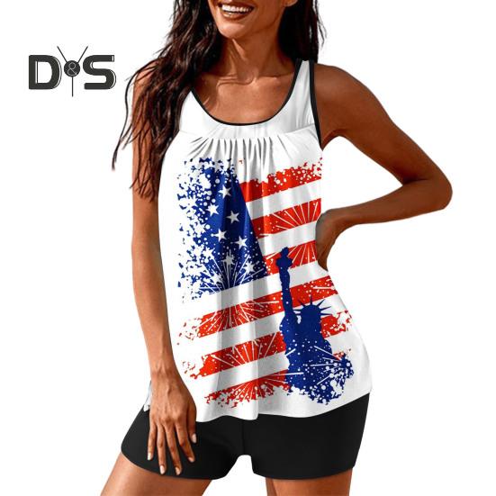 2 Teile/satz Frauen Tankini Set Amerikanischen Unabhängigkeit Tag Druck Weste Einfarbig Schwimmen Shorts Set Bademode