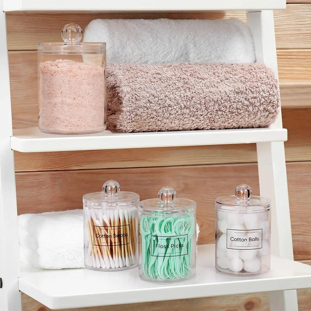 Acrylic Storage Box Bathroom Jar Makeup Organizer Cotton Round Pad Holder Cotton Holder Dispenser with Bamboo Lid Clear Plastic