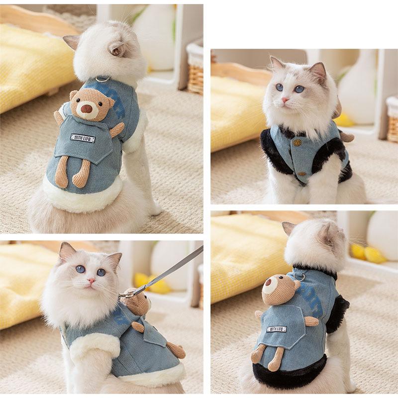 Cute cat clothes fleece thickened denim into cat kitten small dog puppy dog warm vest pet clothing
