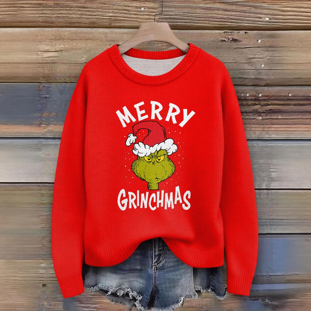 Women's Christmas Print Cardigan Long Sleeve Round Neck Knit Top