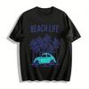 Beach Life Vintage Beetle Print Tee Casual Vacation Short Sleeve Top Pure Cotton T-shirt