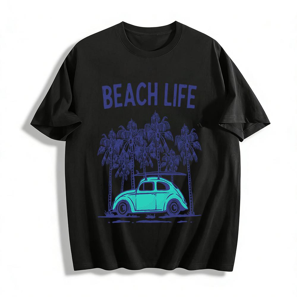 

Beach Life Vintage Beetle Print Tee Casual Vacation Short Sleeve Top Pure cotton T-shirt XXS