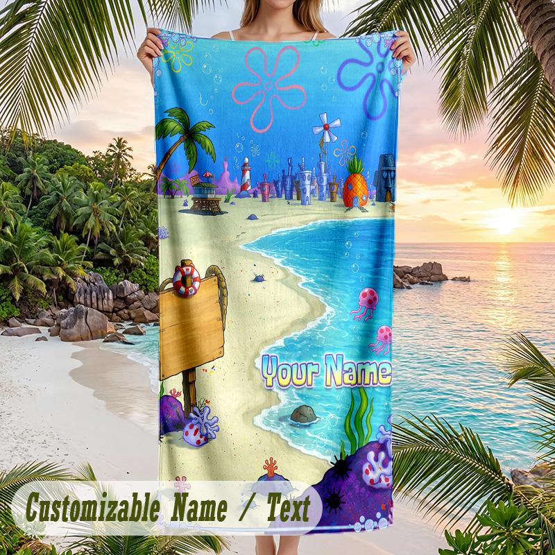 SpongeBob Beach Towel, Personalized Custom Text, Quick Dry Soft Large Towel For Swimming Pool Travel