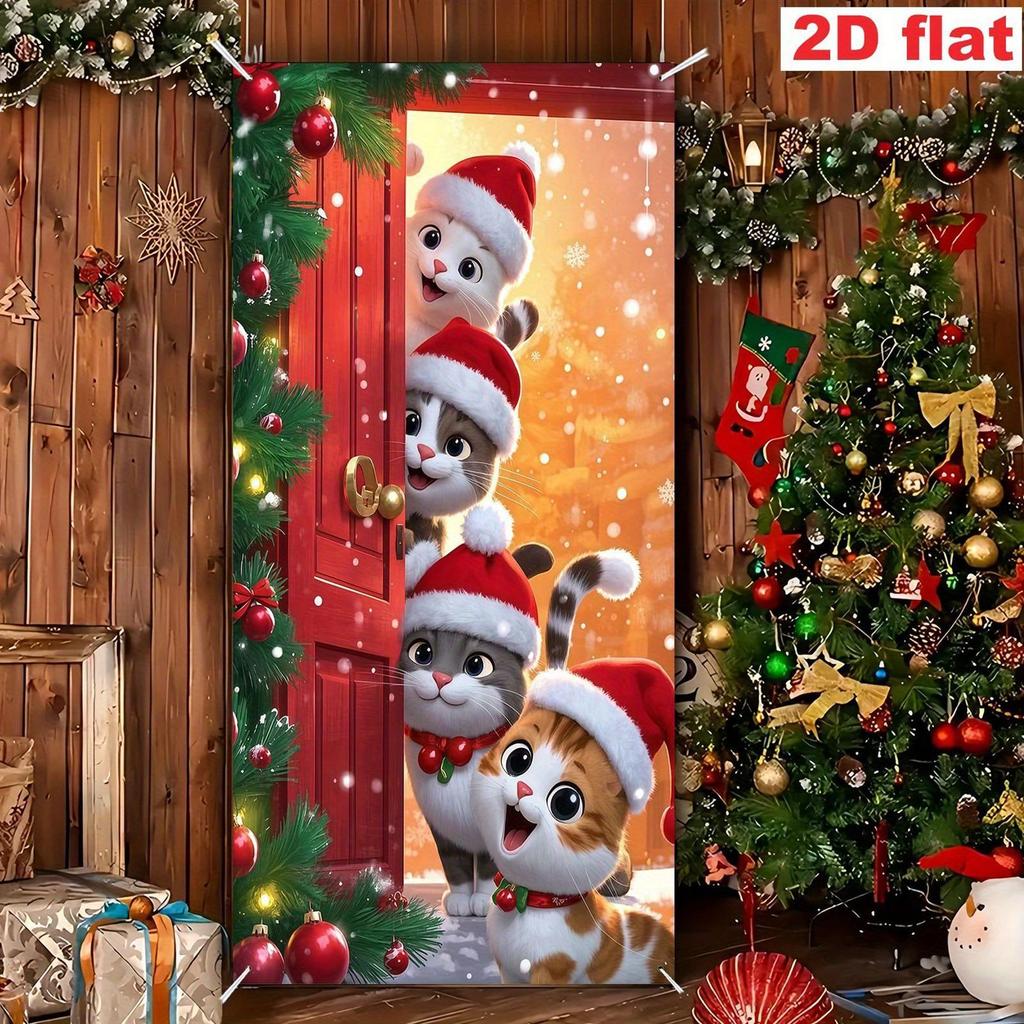 Christmas Door Cover Cute Reusable Waterproof Four Cats Christmas Door Banner Holiday Decor for Indoor Outdoor Office Apartment