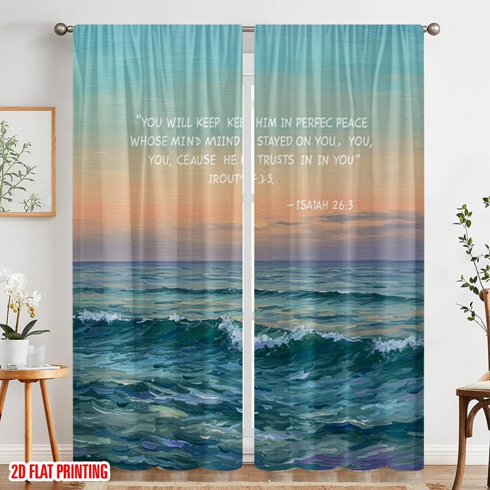 2pcs 2D flat printing Party Window Curtains Peaceful Ocean Sunset Scripture Polyester Without Electricity Family Party Perfect
