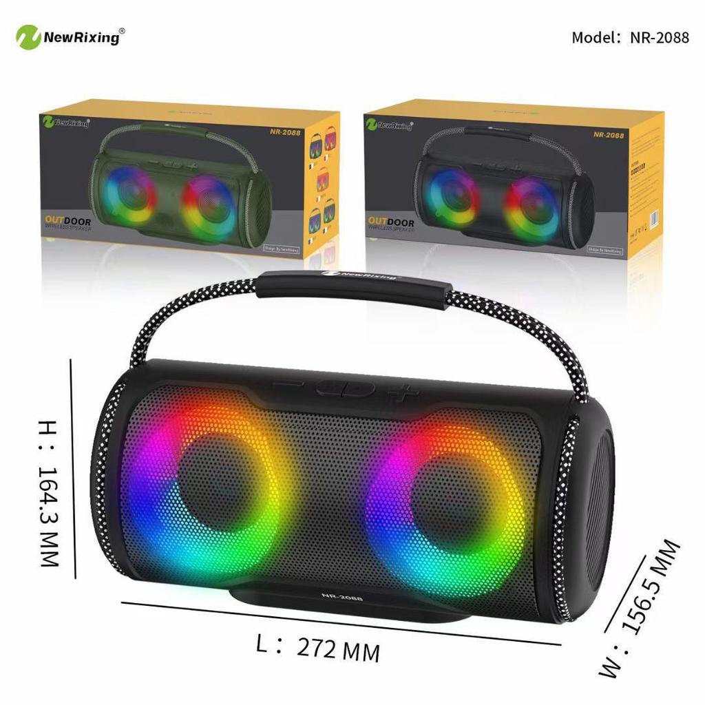 Portable NR2088 Bluetooth speaker with colorful lights, subwoofer, and wireless outdoor capabilities.