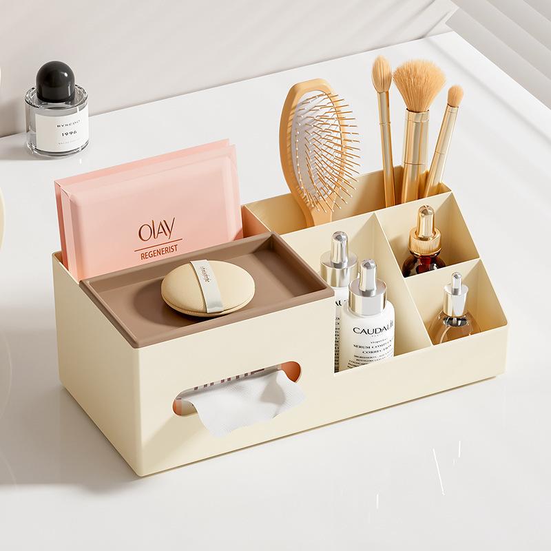 Desktop Tissue Holder Storage Box Multi-Functional Cosmetic Storage Organizer Tissue Dispenser for Living Room Bedroom Office