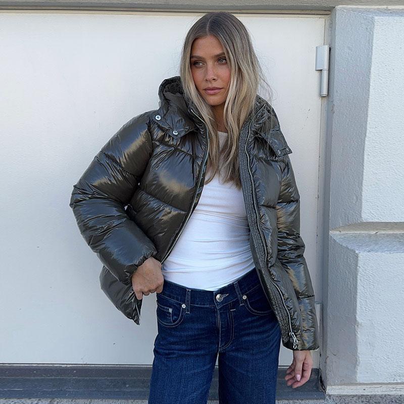 Solid Zipper Drawstring Puffer Jacket Quilted Water Resistant Loose Winter Warm Women Outerwear Daily Causal Coat