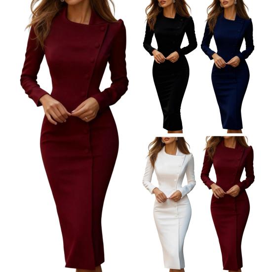 Work Dress for Women Single Breasted Long Sleeve Bodycon Midi Dress Formal Church Office Business Sheath Dress