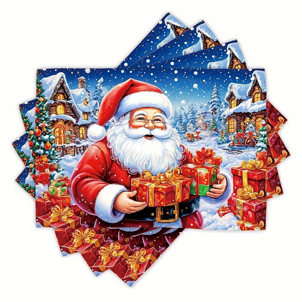 4pcs Linen Placemats, Santa Claus Gift Placemats 12x18 Inches, Suitable for Home Kitchen Dining Table Decoration, Holiday Party Scene Decor, Home