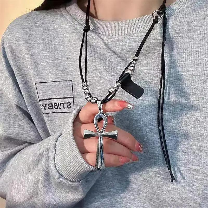 Retro Y2K Cross Metal Pendant Necklace for Women Girls Punk Gothic Black Rope Long Sweater Chain Fashion Party Gifts