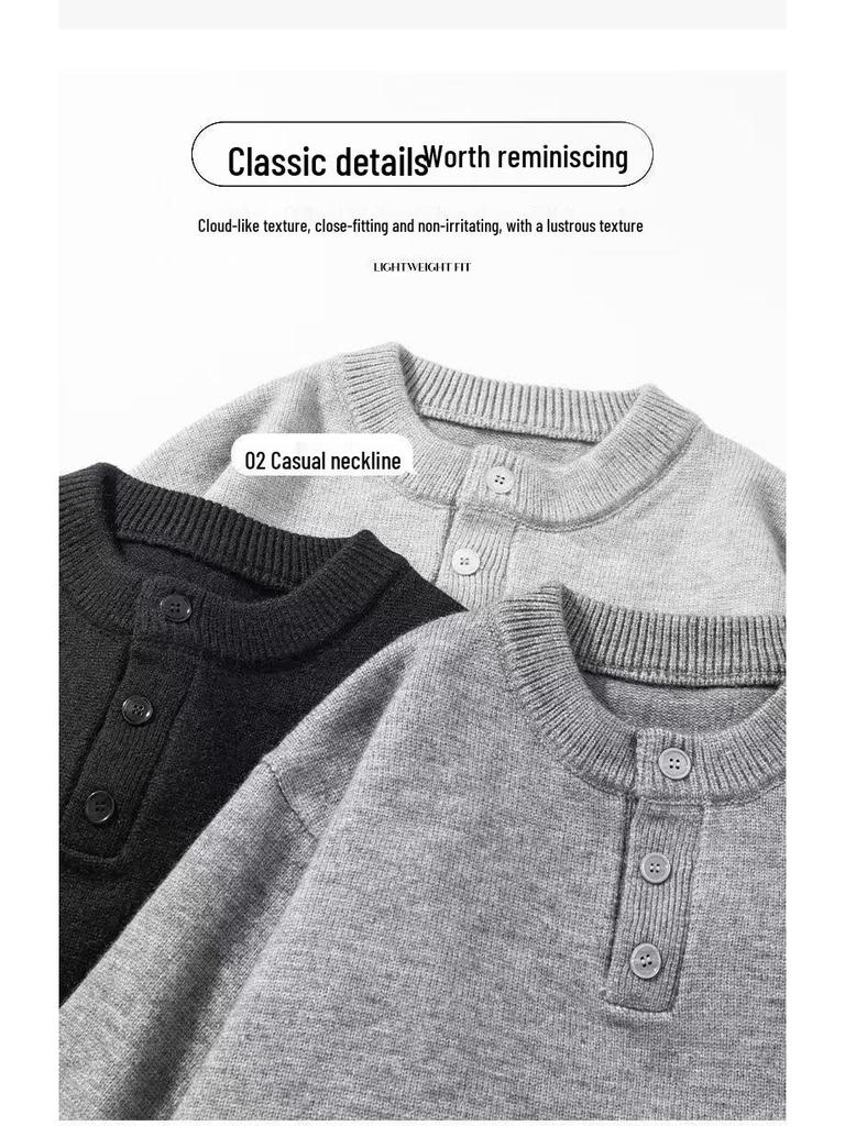 Boys' Light Grey Sweater - Autumn/Winter Trendy Brand Loose Button Knitwear