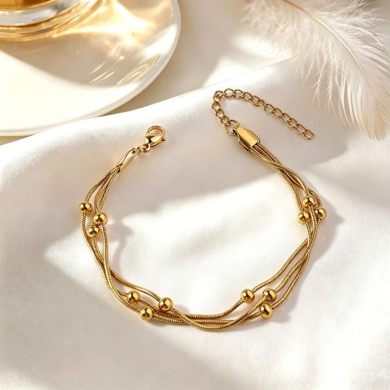 Stainless Steel Trendy Three Layers Small Round Beads Bracelet For Women Classic Simple Chain Bangle Jewelry